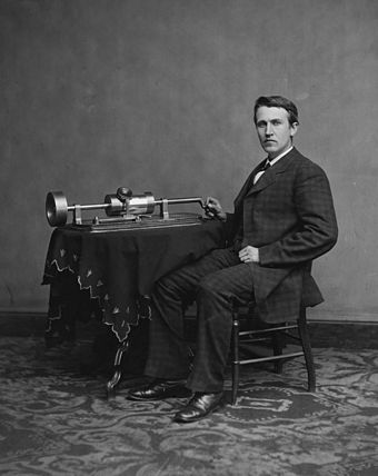 Photograph of Edison with his phonograph (2nd model), 