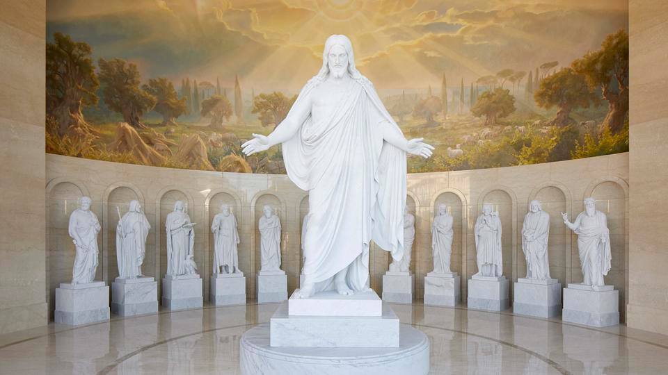 The Christus and 12 Apostle statues in the Rome Italy Temple grounds
