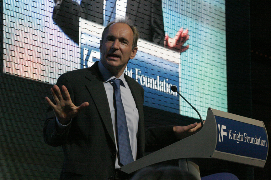 Berners-Lee speaking at the launch of the World Wide Web Foundation