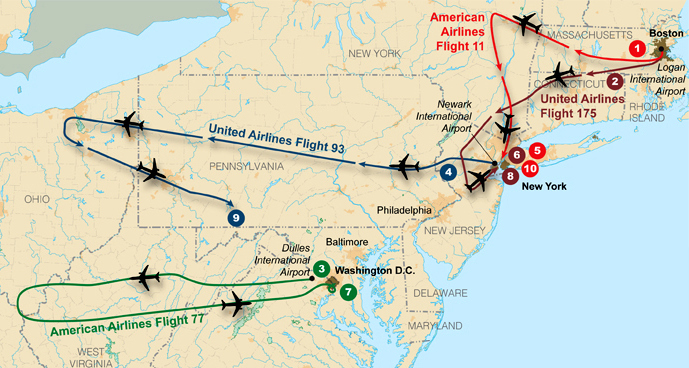 Flight paths of the four planes used on September 11