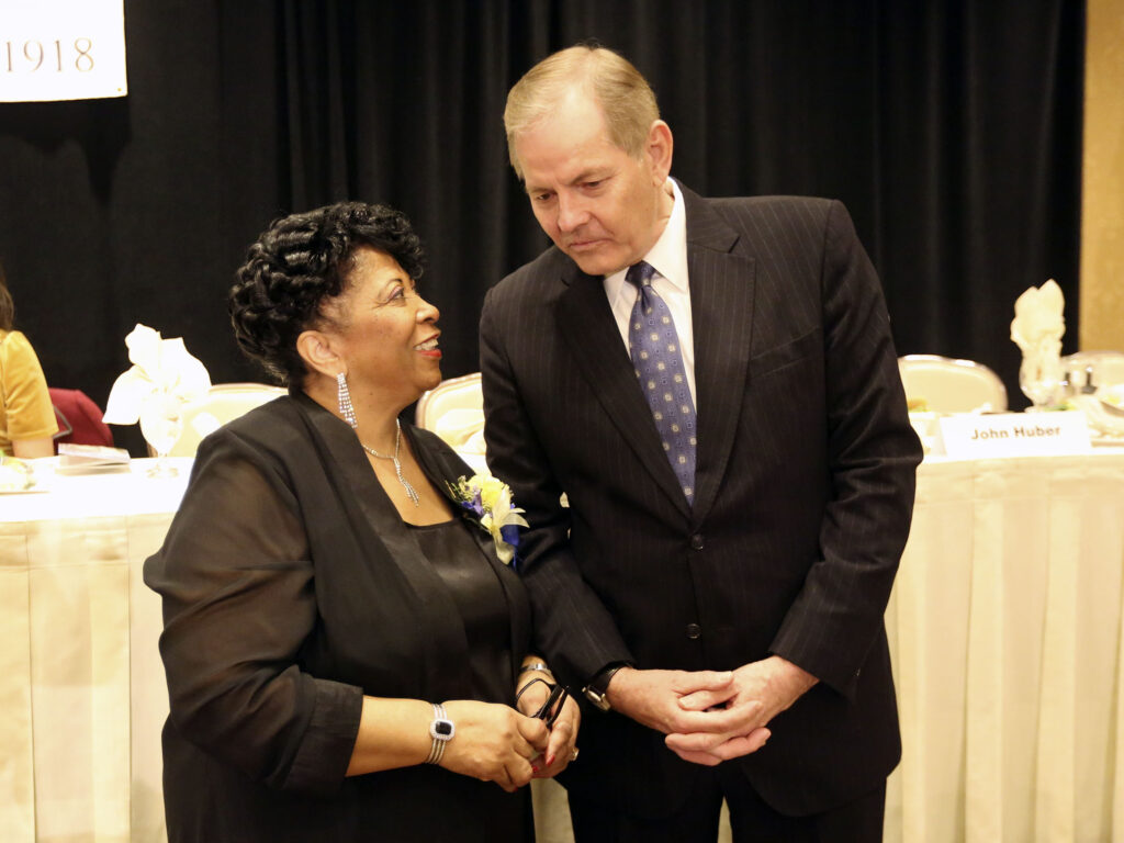 Jeanetta Williams, NAACP Salt Lake Branch president, and Elder Gary E. Stevenson, of the Quorum of the Twelve Apostles of The Church of Jesus Christ of Latter-day Saints, chat during the 36th annual Dr. Martin Luther King Jr. Memorial Luncheon, hosted by the NAACP Salt Lake Branch, at the Little America Hotel in Salt Lake City on Monday, Jan. 20, 2020. Credit: Kristin Murphy, Deseret News