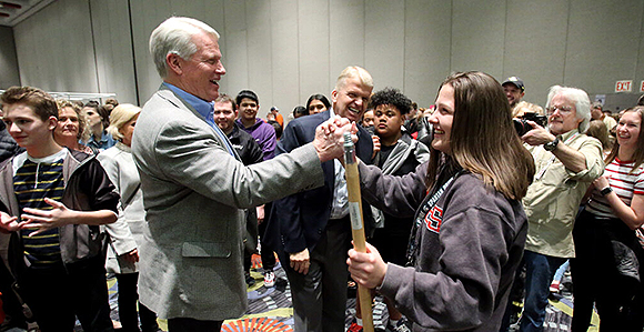 ng Men General President Stephen W. Owen congratulates Jonna Tucker at the Salt Palace in Salt Lake City, Utah, on Wednesday, February 26, 2020. Photo by Scott G Winterton, Deseret News.