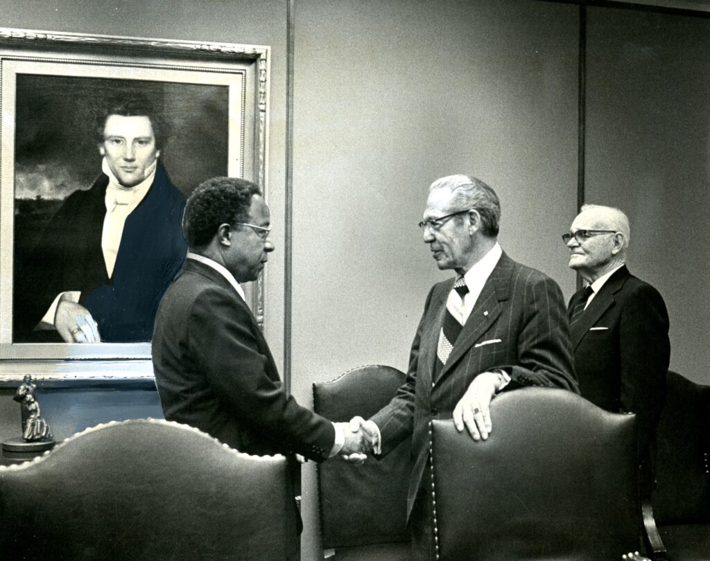 Alex Haley greets President N. Eldon Tanner and President Marion G. Romney. Credit: Deseret News archive