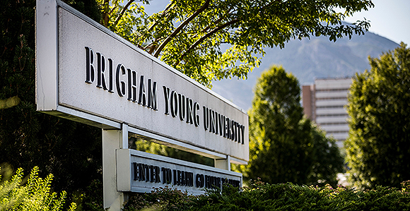 A campus sign at the entrance of Brigham Young University in Provo, Utah. Photo by Nate Edwards, BYU.