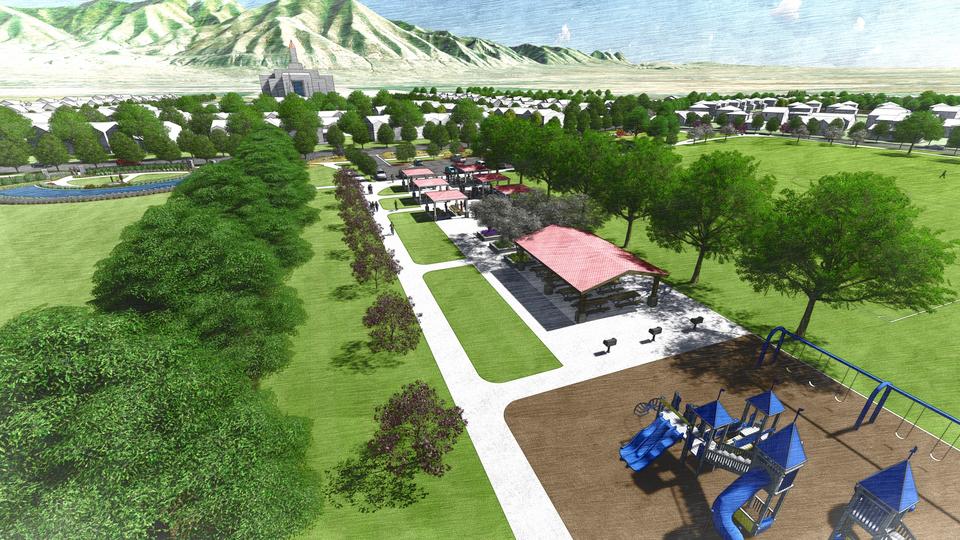 Overhead view of the Pioneer Cemetery, looking east. This is an artist’s rendering of a portion of the planned residential community near the site of the Tooele Valley Utah Temple. ChurchofJesusChrist.org