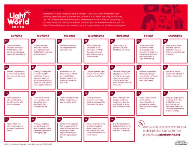 #LightTheWorld 2019: Use The Daily Service Calendar (Or Sign Up For Text Prompts)